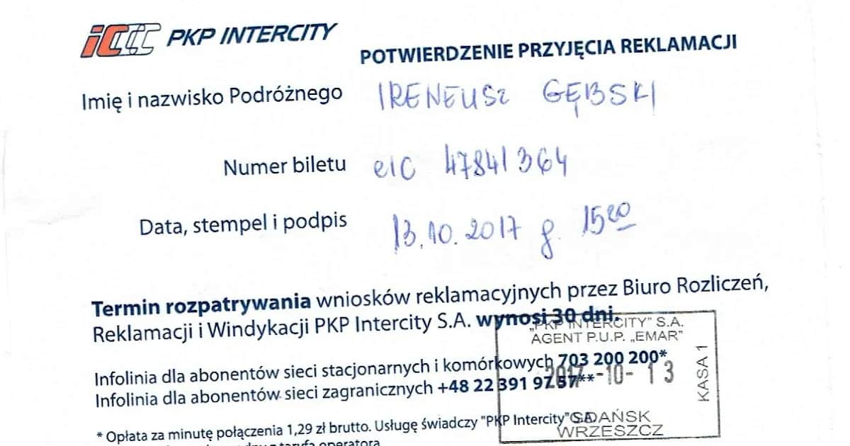 Reklamacja Intercity: Ile czasu? Rok na skargę, 30 dni na decyzję